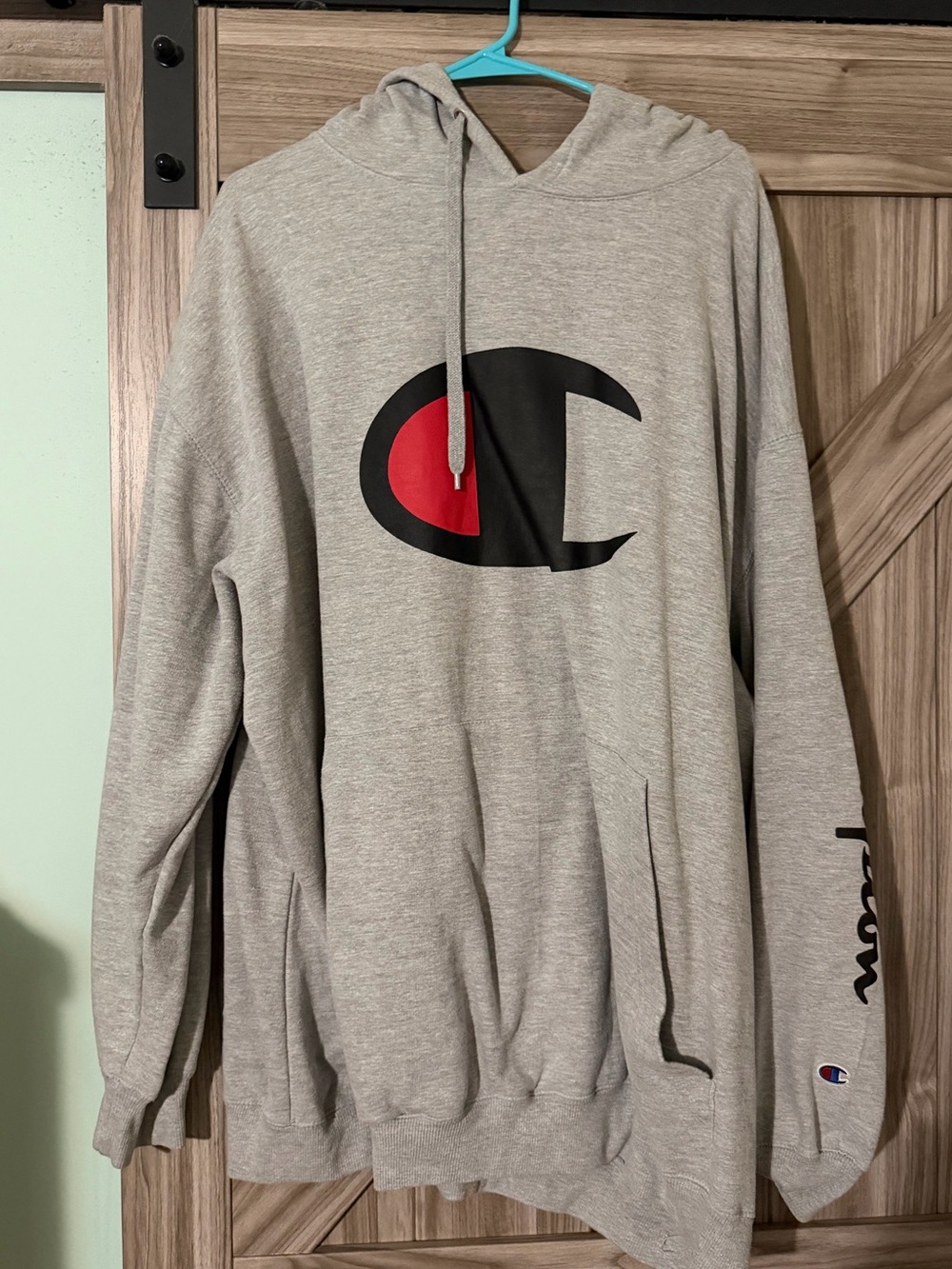 Champion Gray Crewneck Hoodie with Black and Red Logo